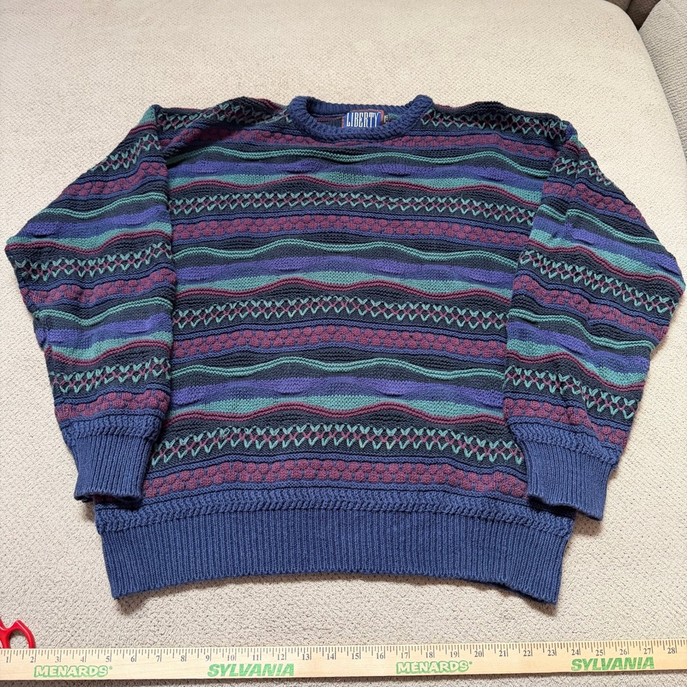 Vintage 1990s Liberty Multi-Color Textured Knit Cotton Sweater Made in USA L